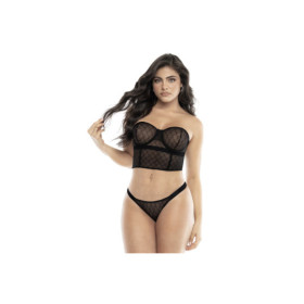 Bustier en résille noire sans bretelles et string assorti 